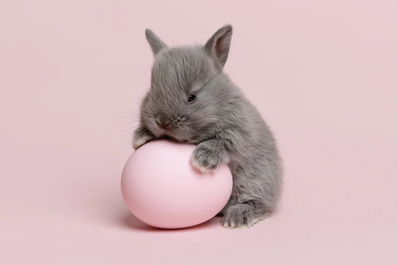 Small grey baby bunny resting its front paws on a pastel pink egg against a plain pink background