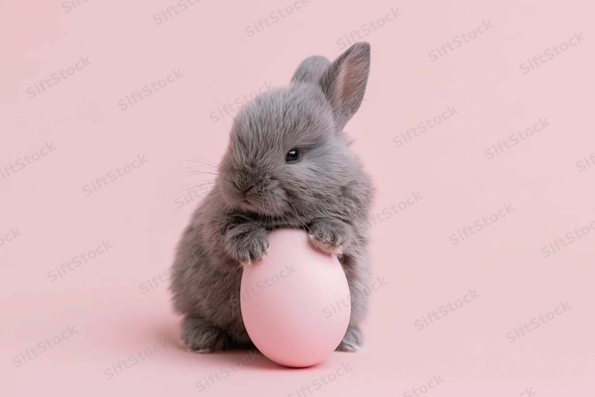 Small grey baby bunny resting its front paws on a pastel pink egg against a soft pink background