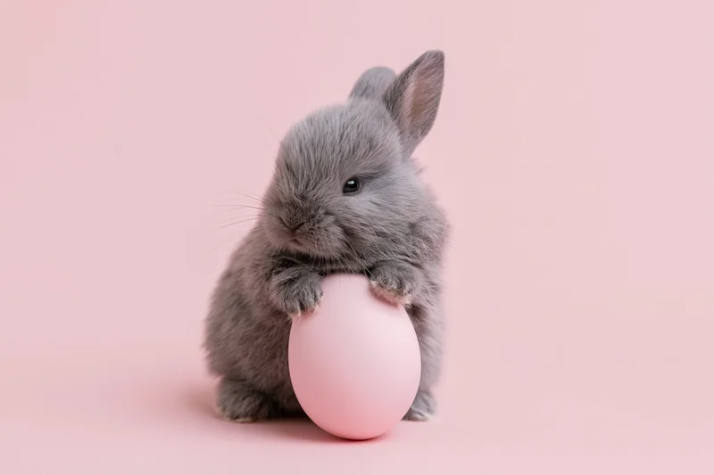 Small grey baby bunny resting its front paws on a pastel pink egg against a soft pink background