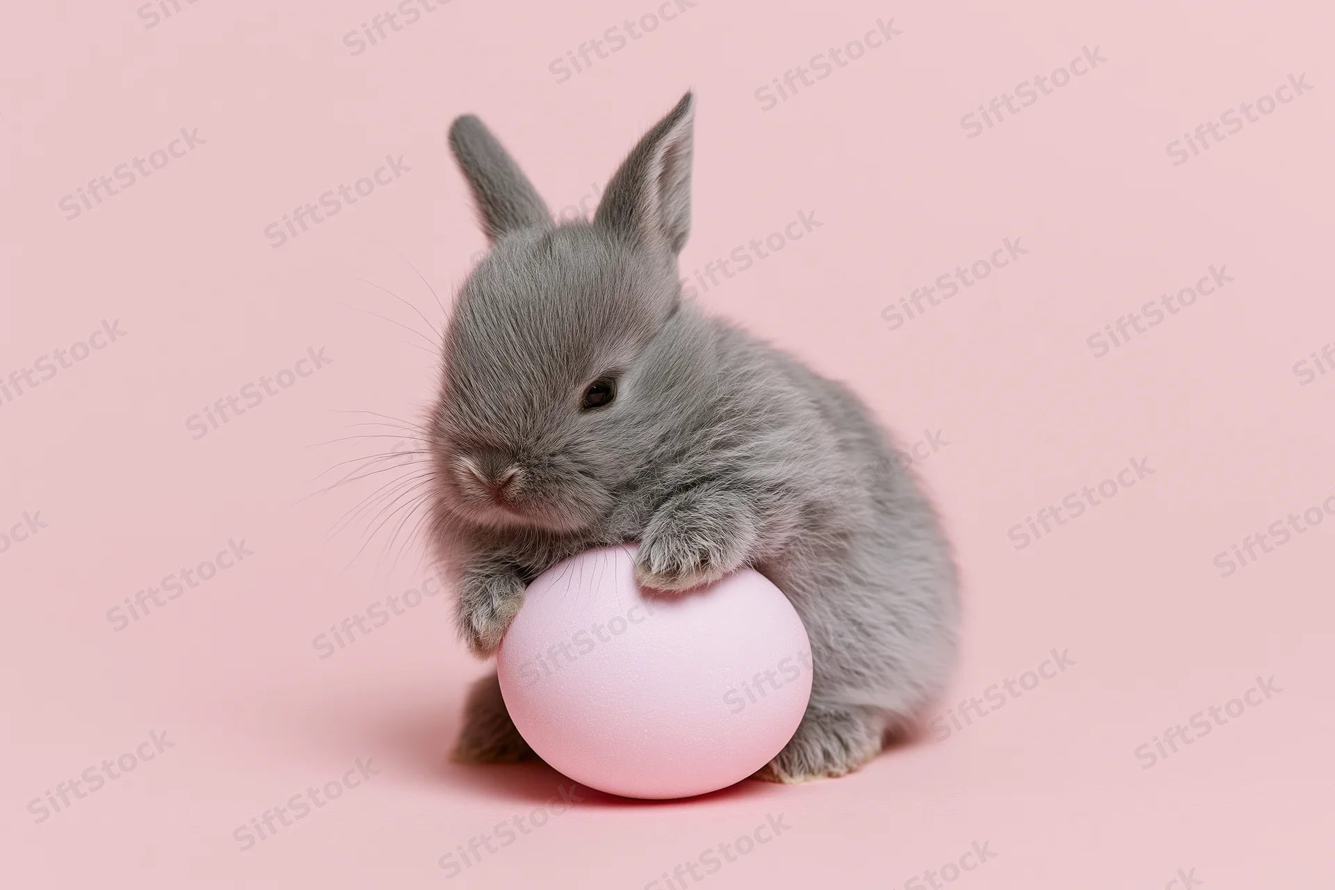 Small grey baby bunny resting its front paws on a pastel pink egg against a pink background