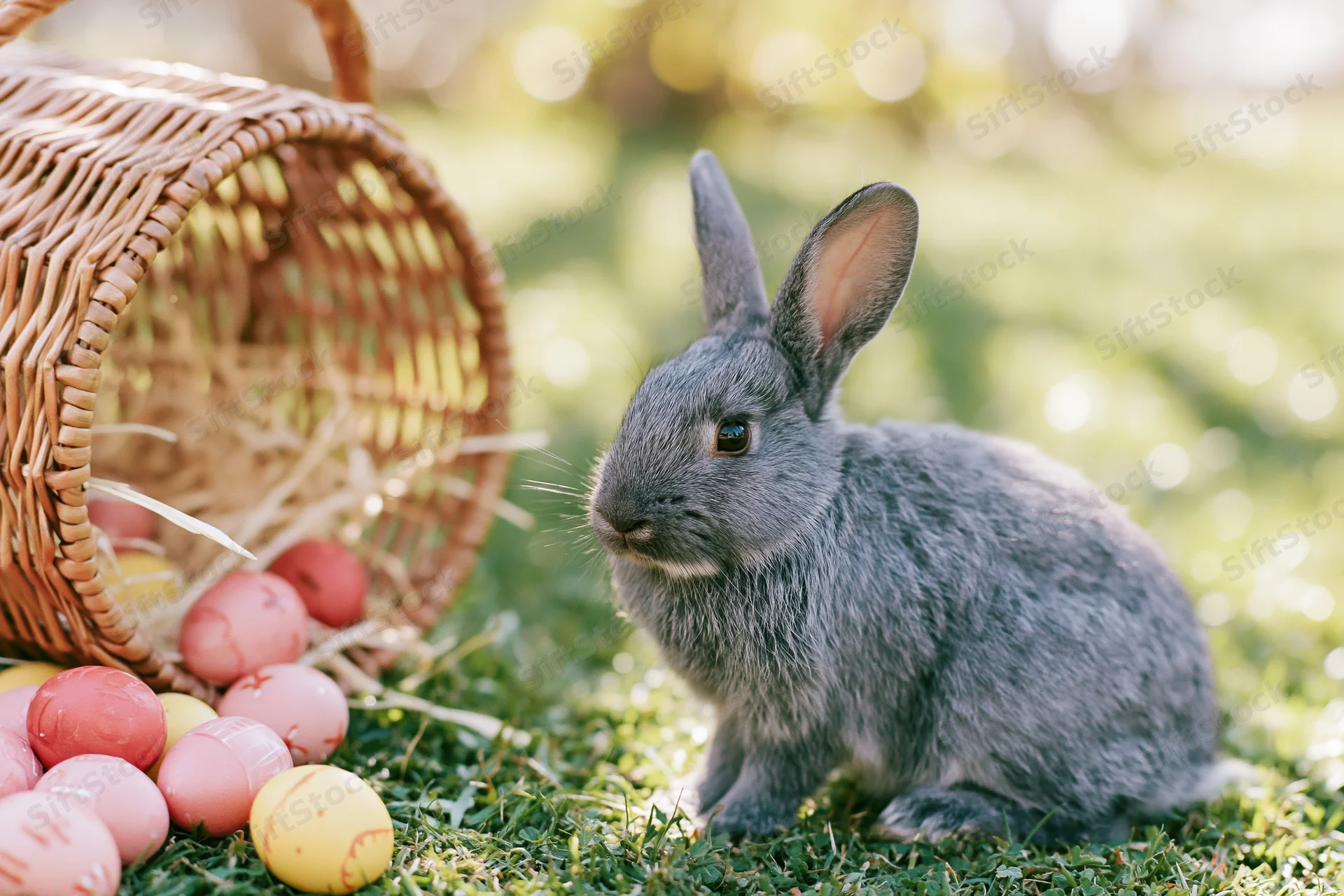 Small grey rabbit sitting beside a tipped-over wicker basket filled with hay and colorful Easter eggs on grass