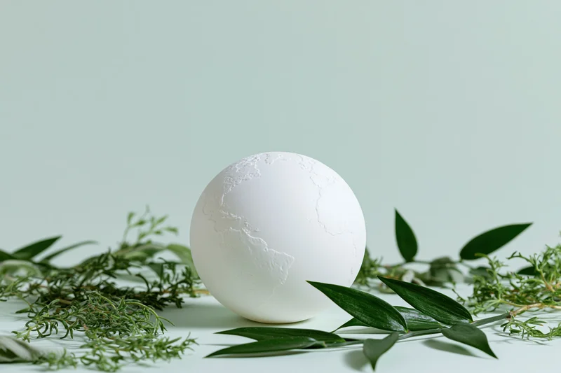 Matte white globe model resting on a flat surface surrounded by green bamboo and thyme leaves