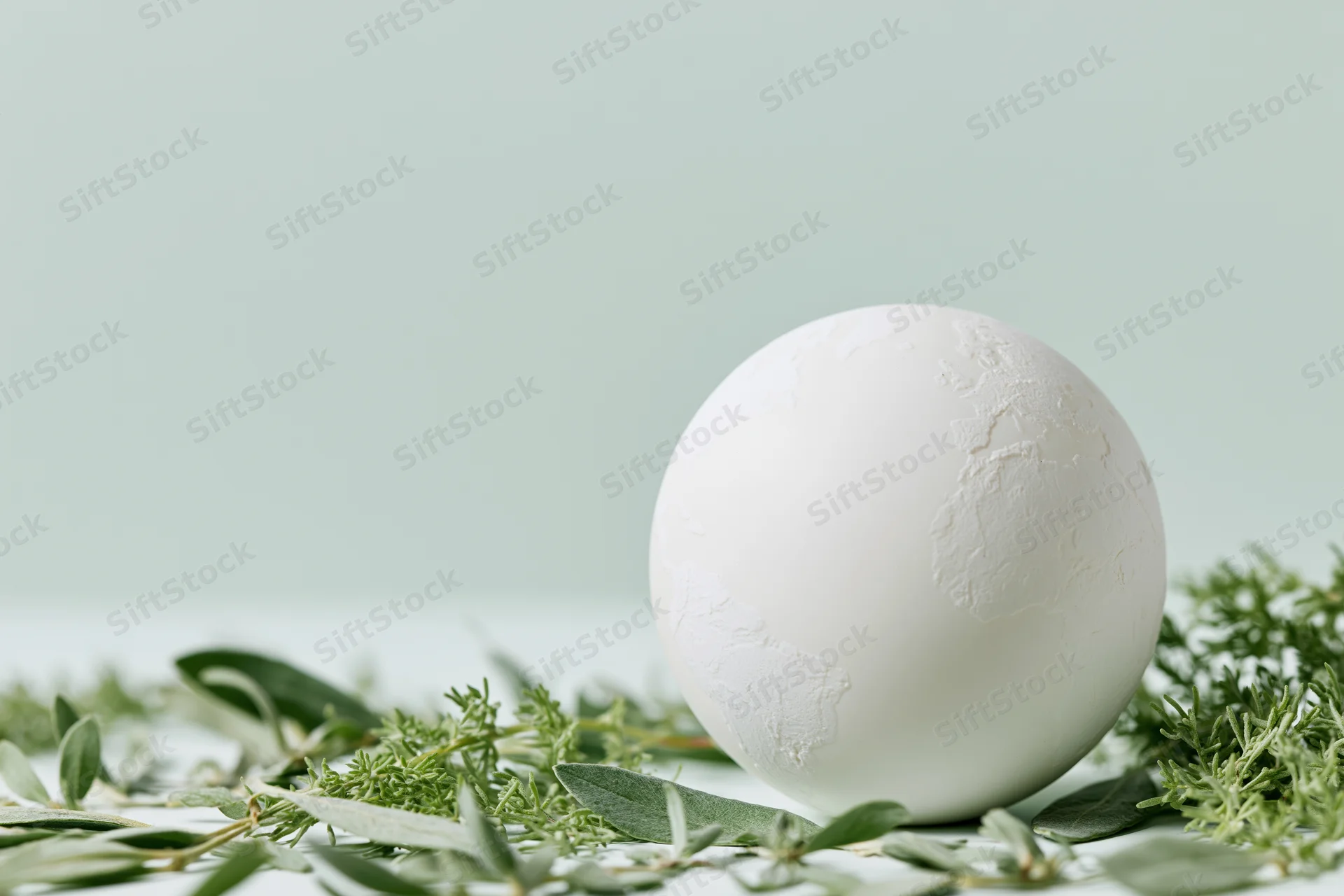 Matte white globe model resting on green foliage on a flat surface