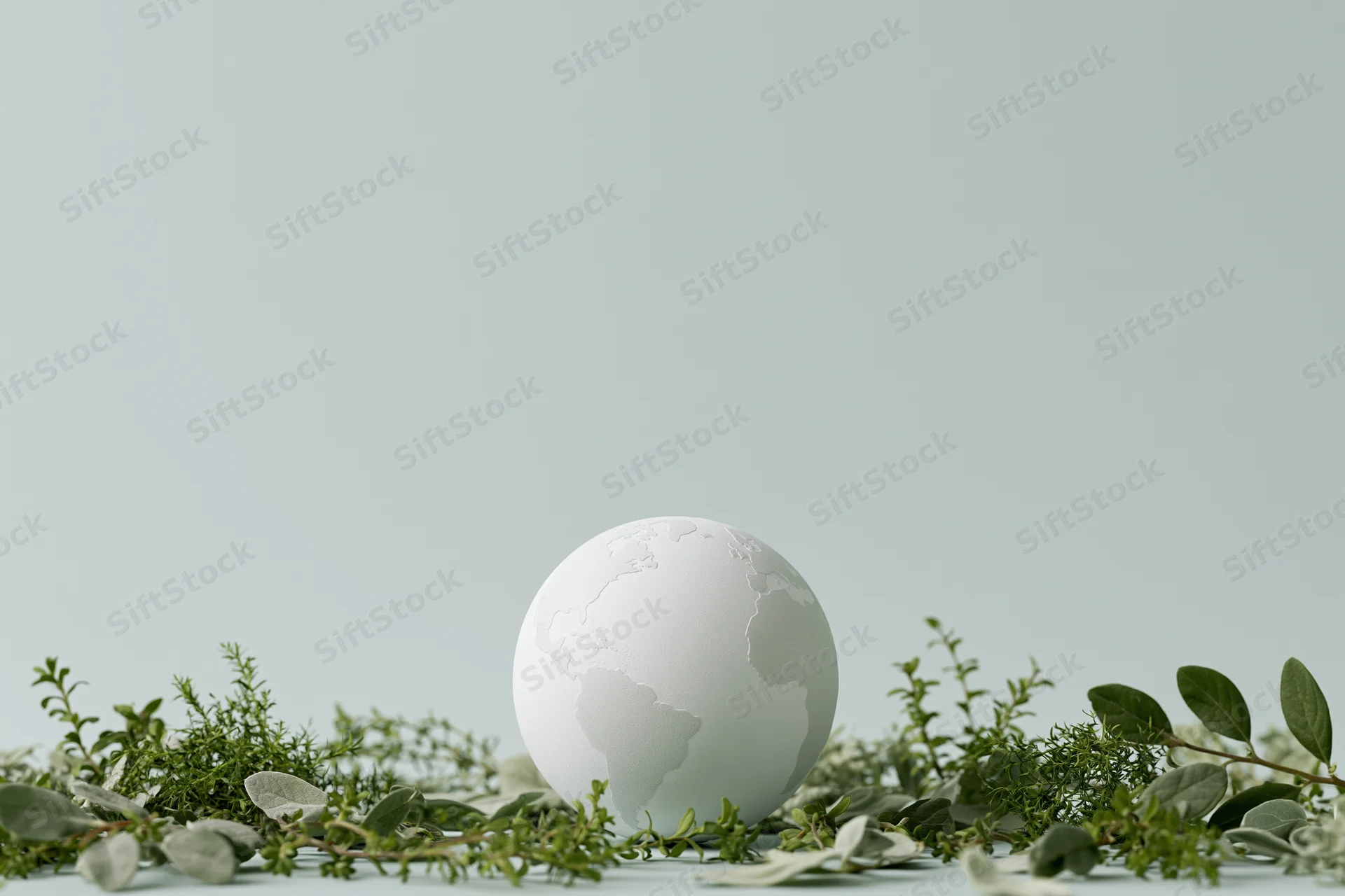 Matte white globe model resting on a bed of green herbs and leaves on a flat surface