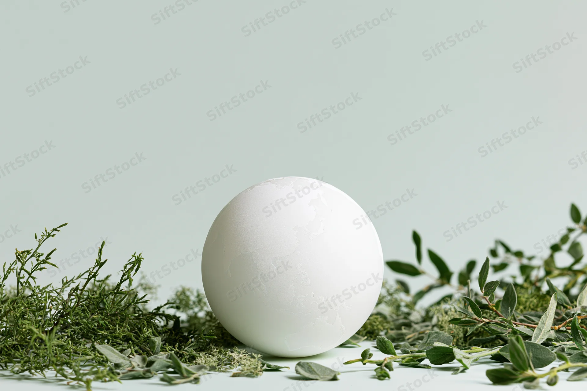 Matte white globe model resting on a flat surface surrounded by green herbs and foliage