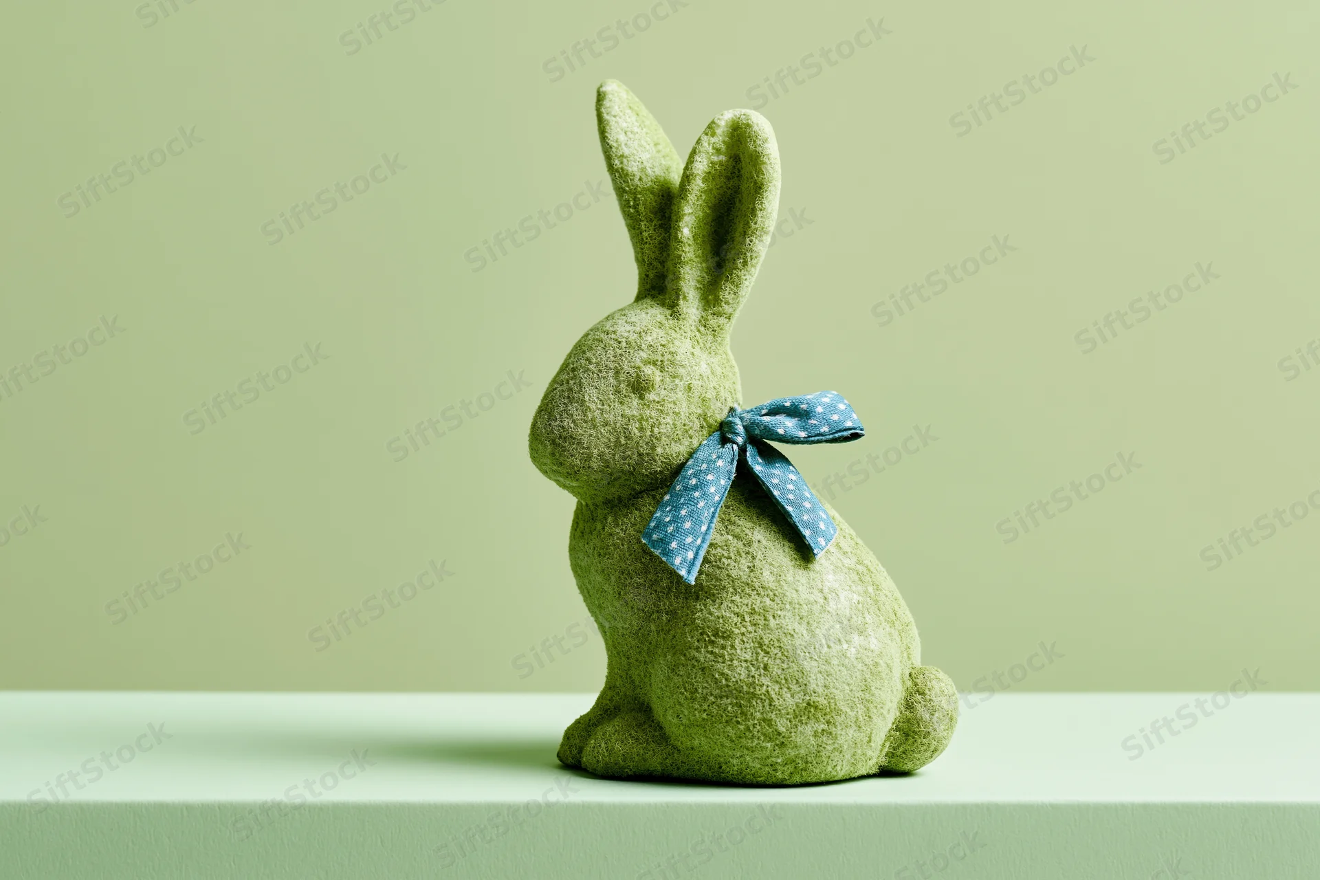 Moss-textured ceramic easter bunny figurine sitting upright on a green platform with a blue polka dot ribbon around its neck