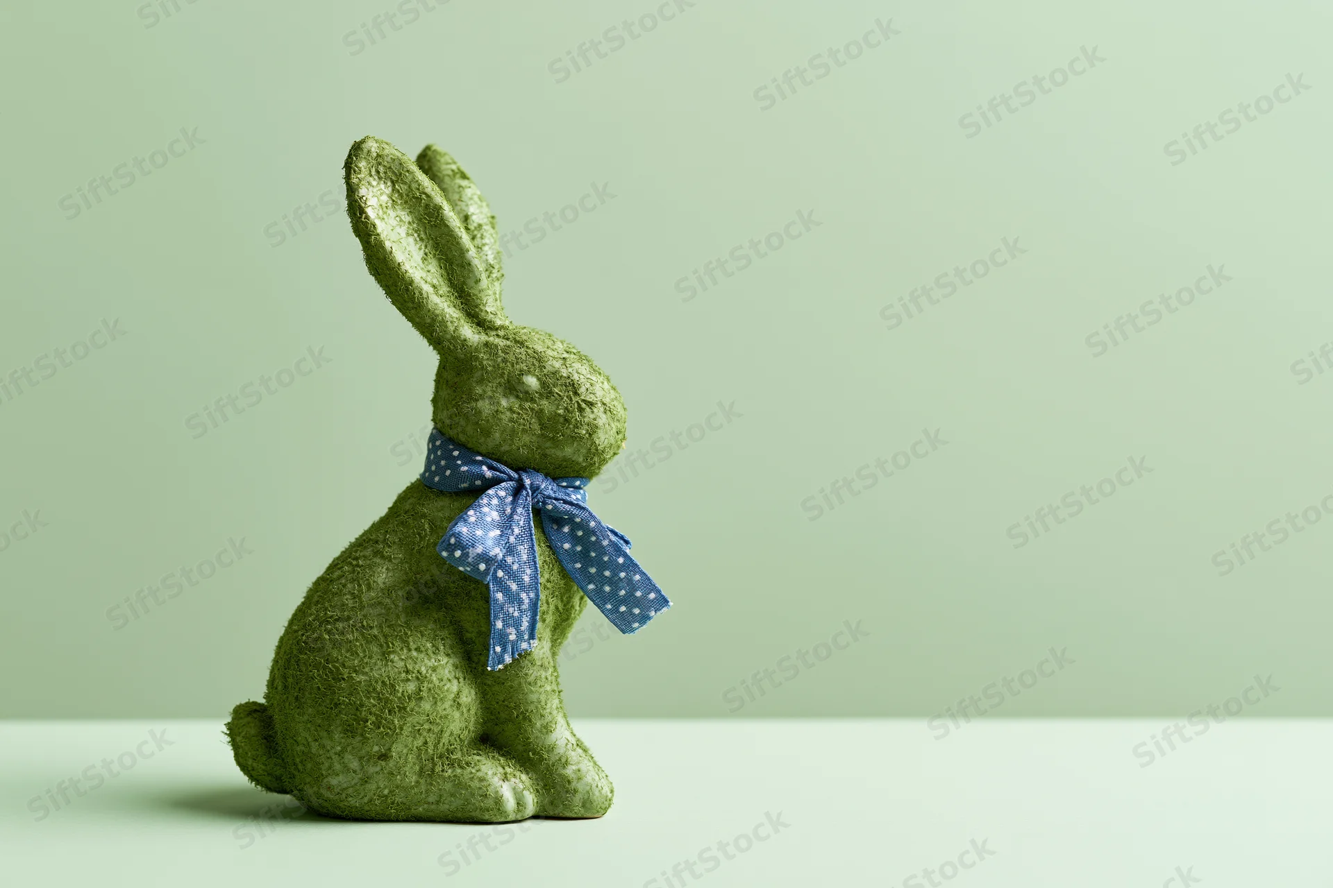Moss-textured ceramic easter bunny figurine sitting upright on a plain surface with a blue polka dot ribbon around its neck