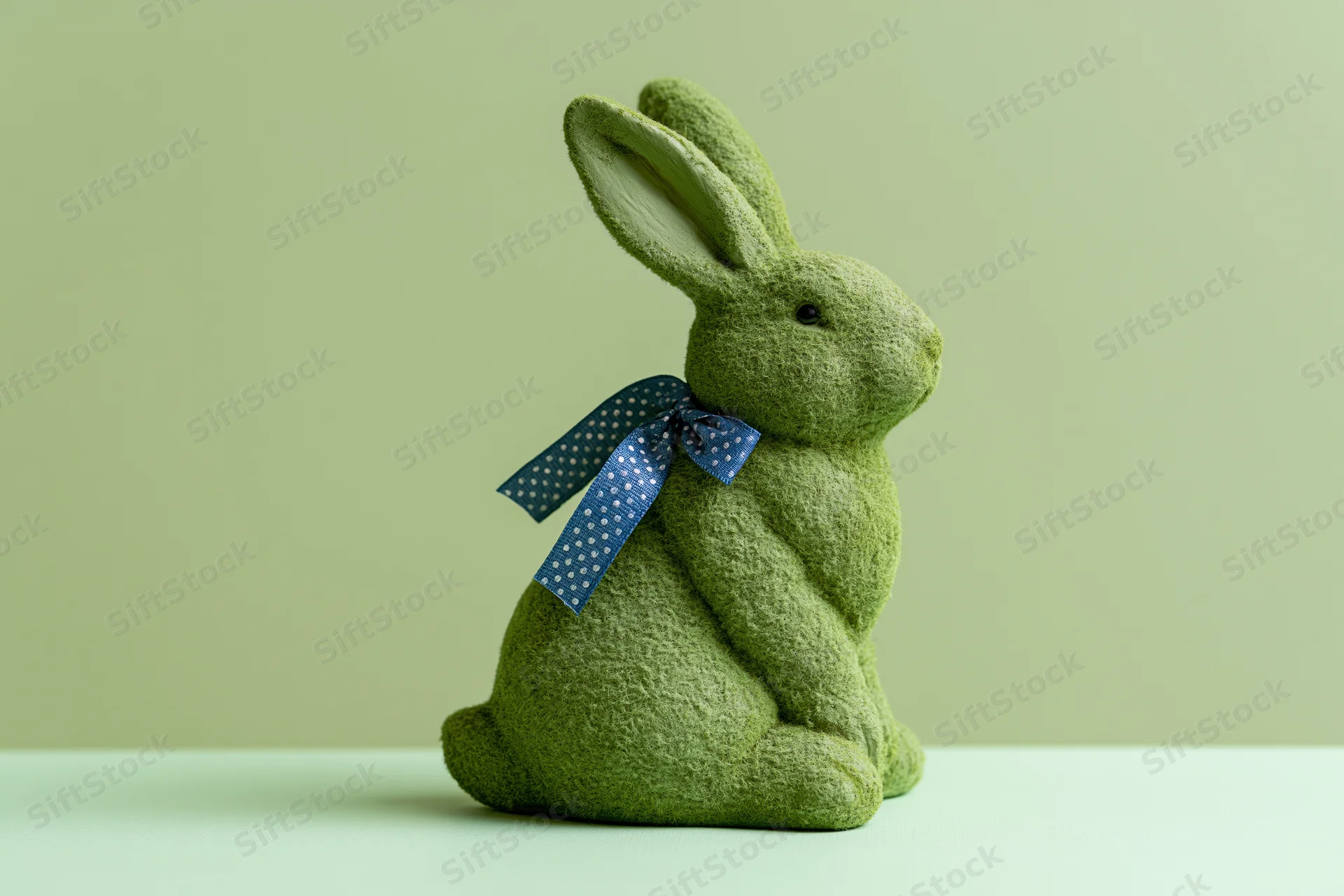 Moss-textured ceramic easter bunny figurine sitting upright on a light green surface with a blue polka dot ribbon around its neck