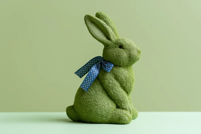 Moss-textured ceramic easter bunny figurine sitting upright on a light green surface with a blue polka dot ribbon around its neck