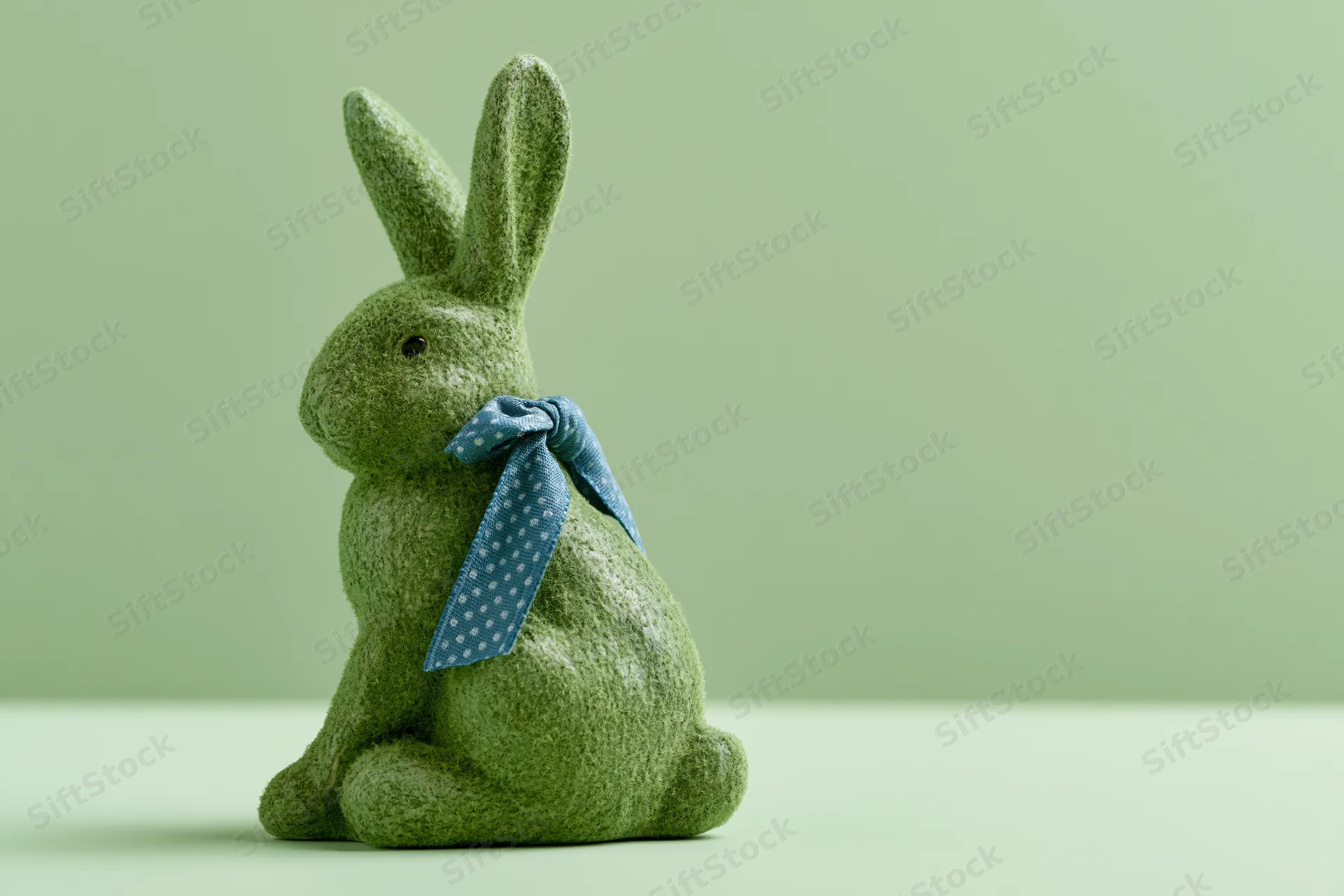 Moss-textured ceramic easter bunny figurine sitting upright with blue polka dot ribbon on light green background