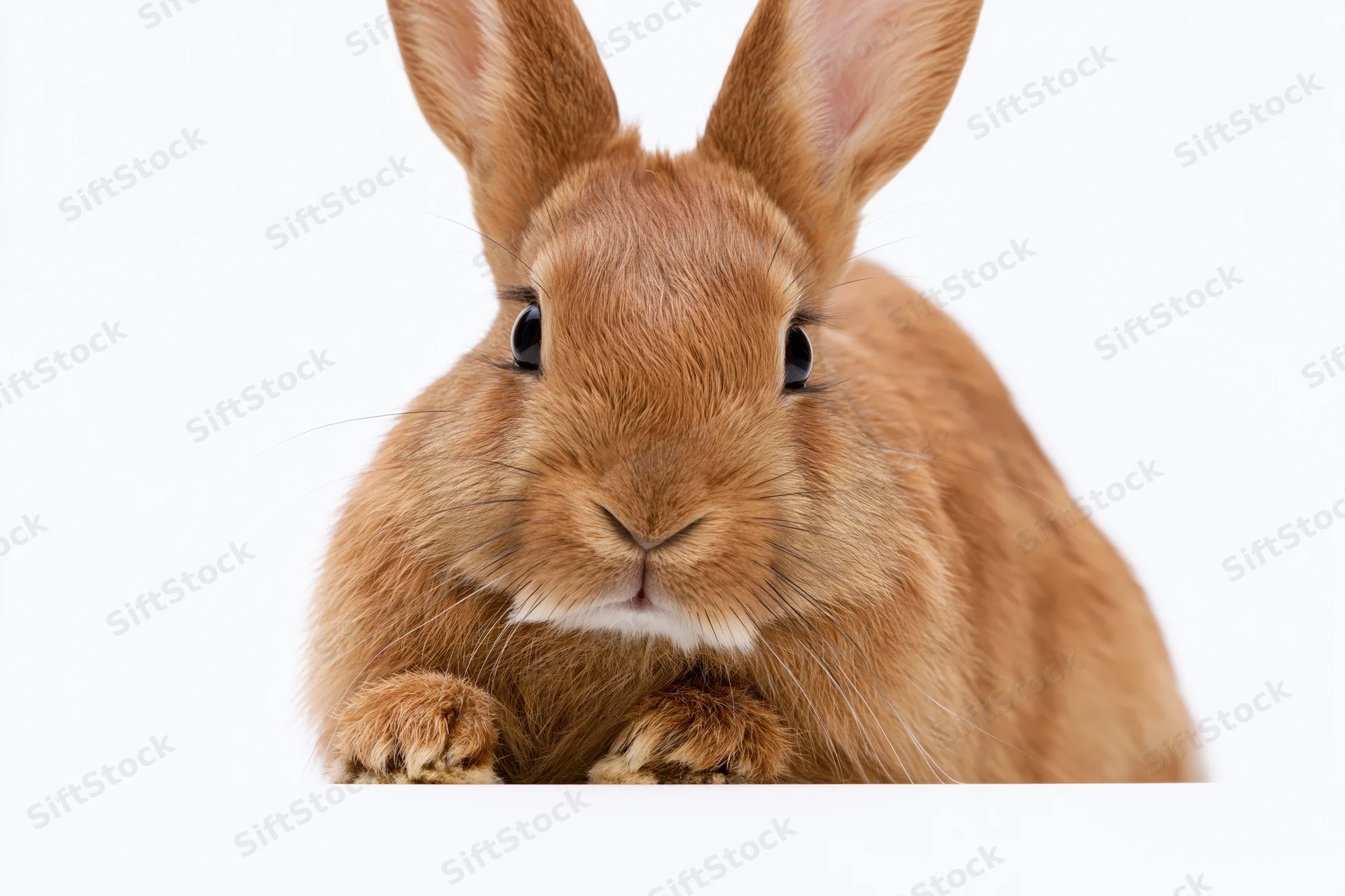 Small rufous-brown rabbit facing camera directly front on white background