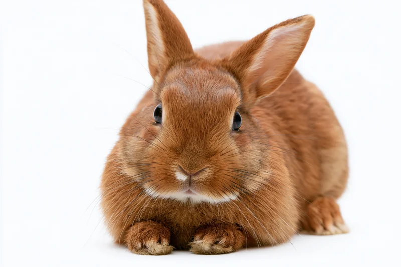 Small rufous-brown rabbit facing camera directly on white background