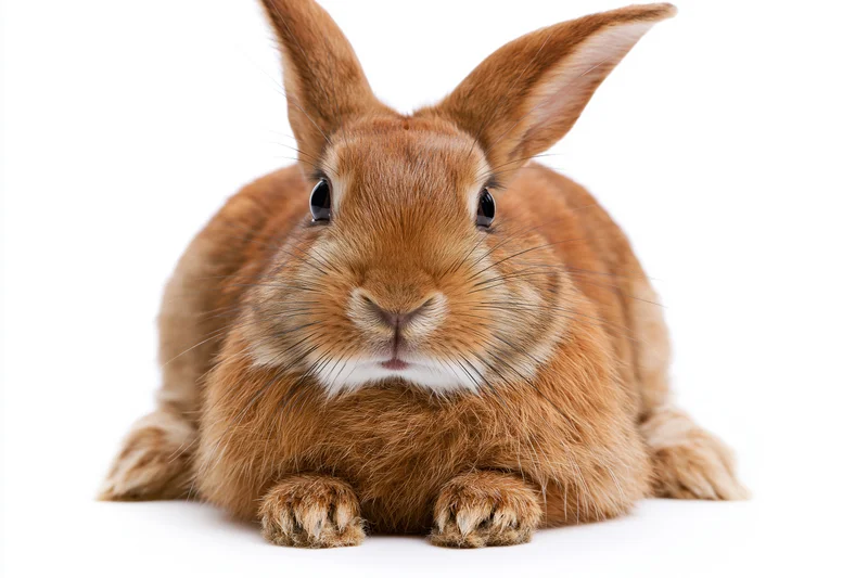 Small rufous-brown rabbit facing camera directly on white background