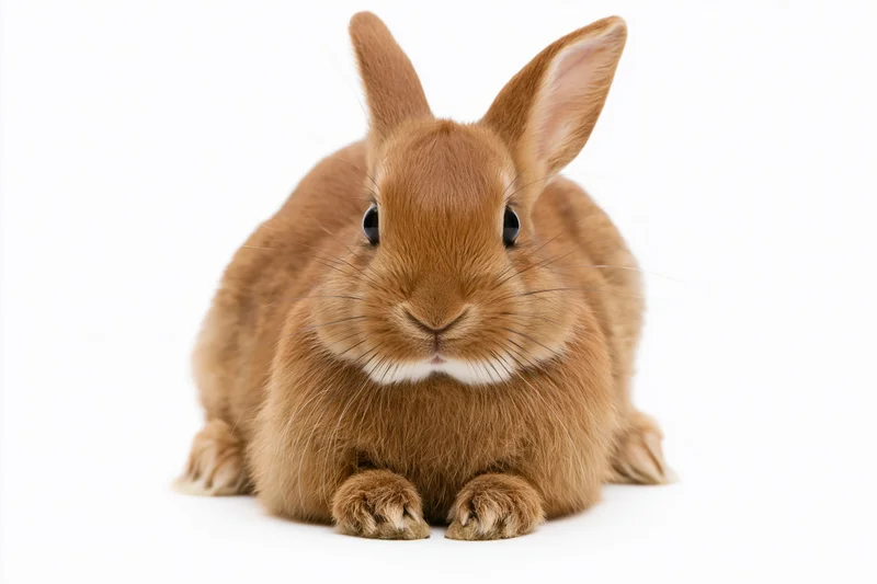 Small rufous-brown rabbit facing camera directly on white background