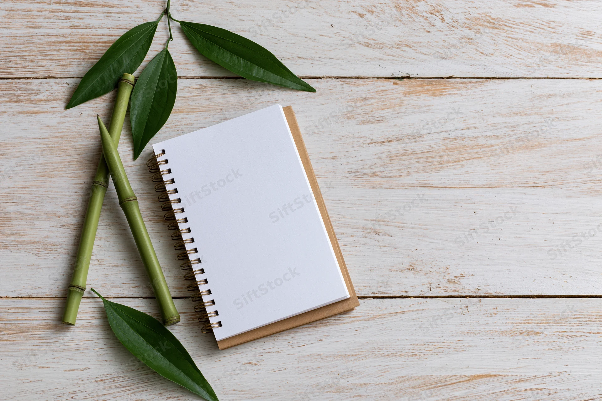 Open spiral notebook with blank white page on wooden surface beside bamboo stalks and green leaves