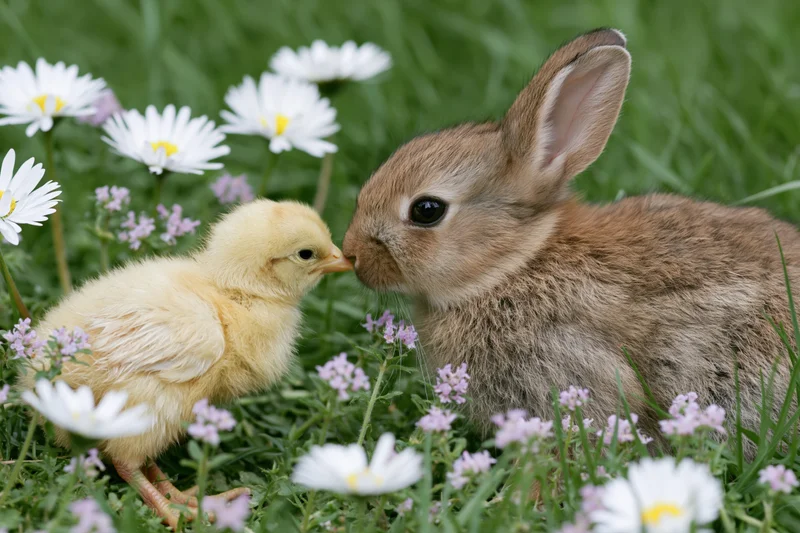 Baby rabbit and fluffy yellow chick touching noses in a grassy meadow with white daisies and purple flowers