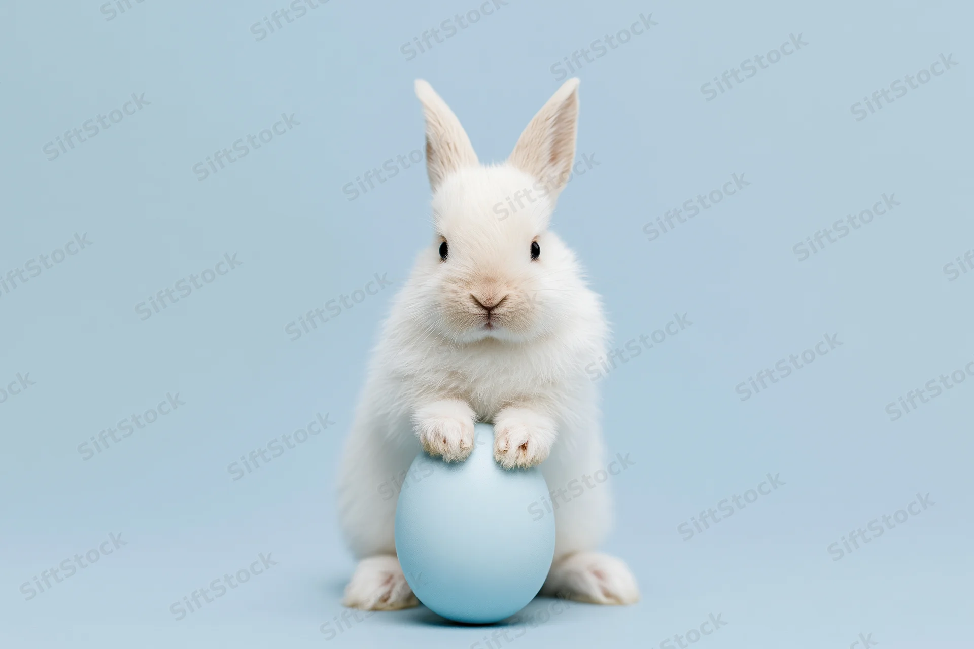 White fluffy baby rabbit sitting upright holding a blue egg against a plain background
