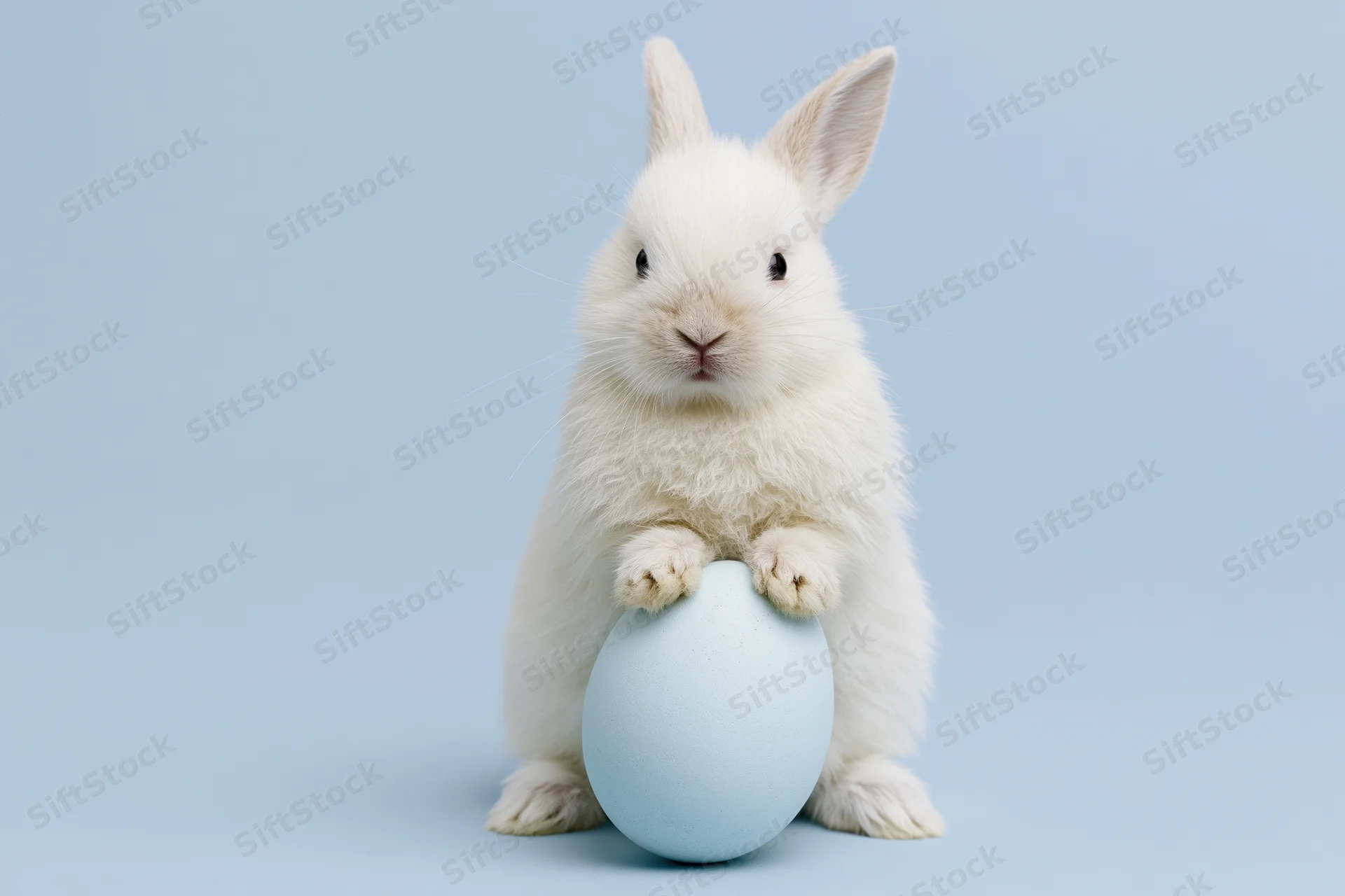 Small white fluffy baby rabbit sitting upright holding a blue egg against a plain light blue background