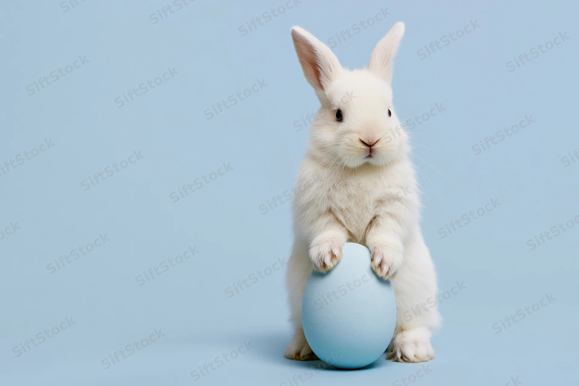 White fluffy baby rabbit sitting upright holding a blue egg against a light blue background
