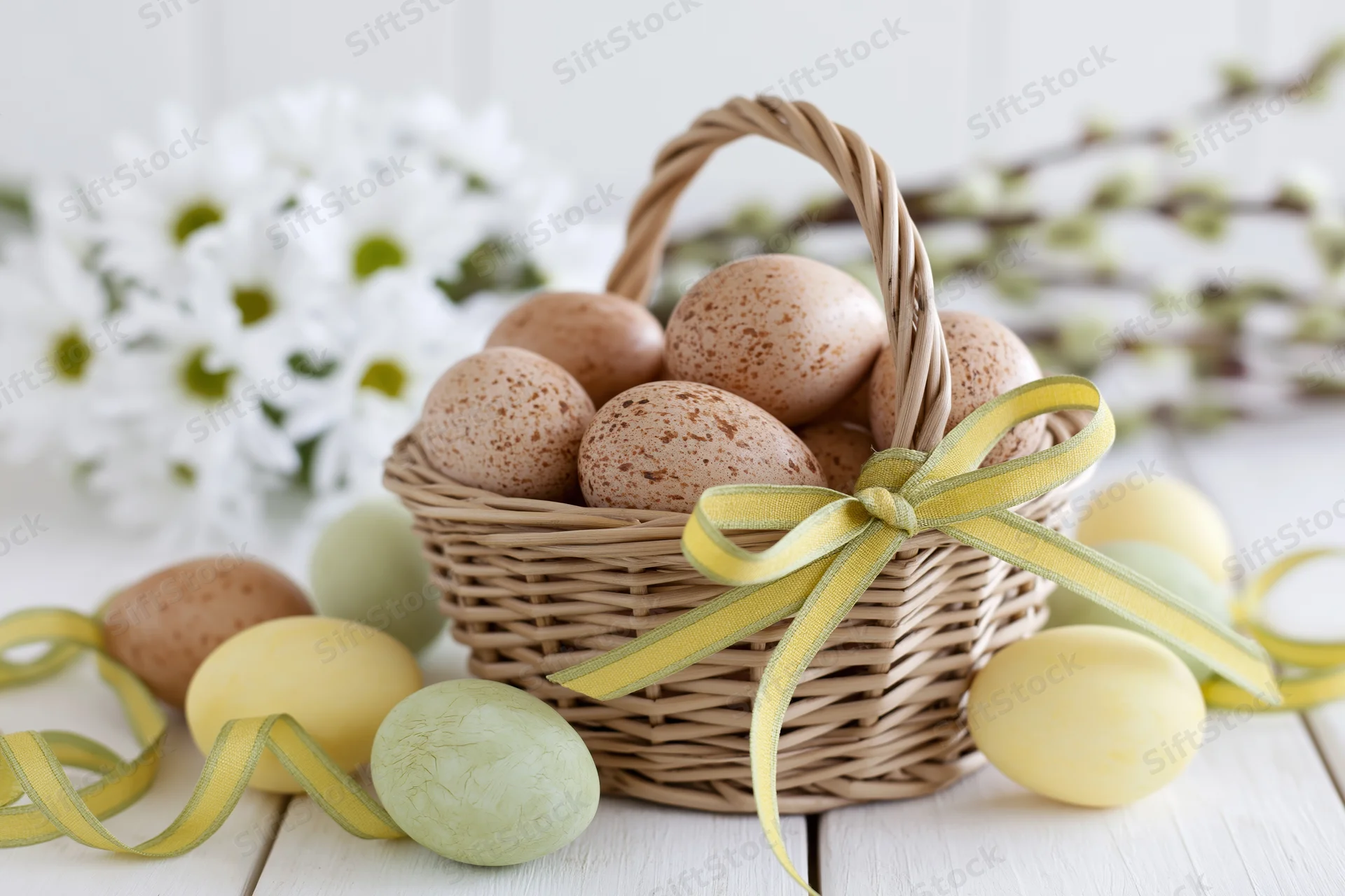 Wicker basket filled with speckled natural eggs tied with yellow ribbon on white table with flowers and painted eggs around