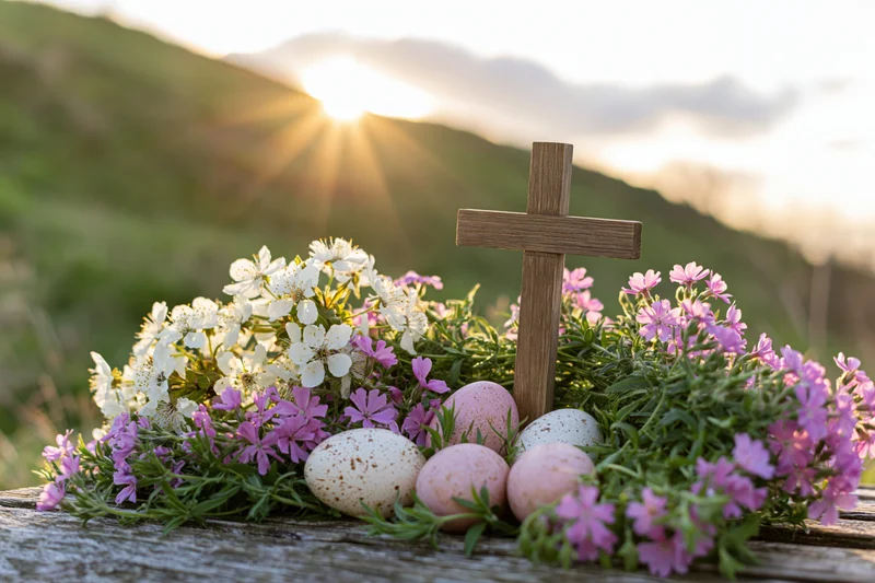 Wooden cross standing among spring flowers and easter eggs on a rustic table at sunrise