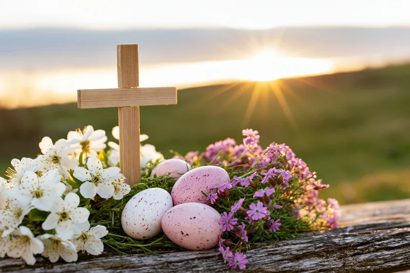 Wooden cross with easter eggs and spring flowers on a rustic wooden surface at sunrise