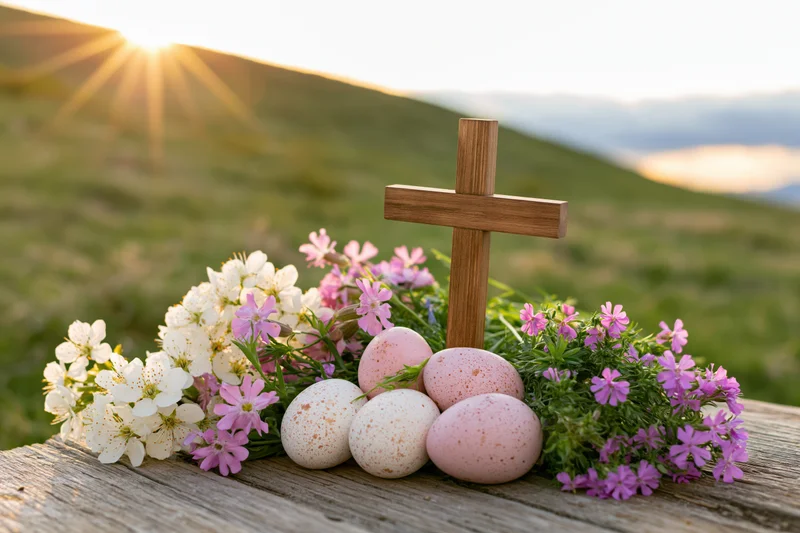 Wooden cross with easter eggs and spring flowers on a wooden surface at sunrise on a hillside