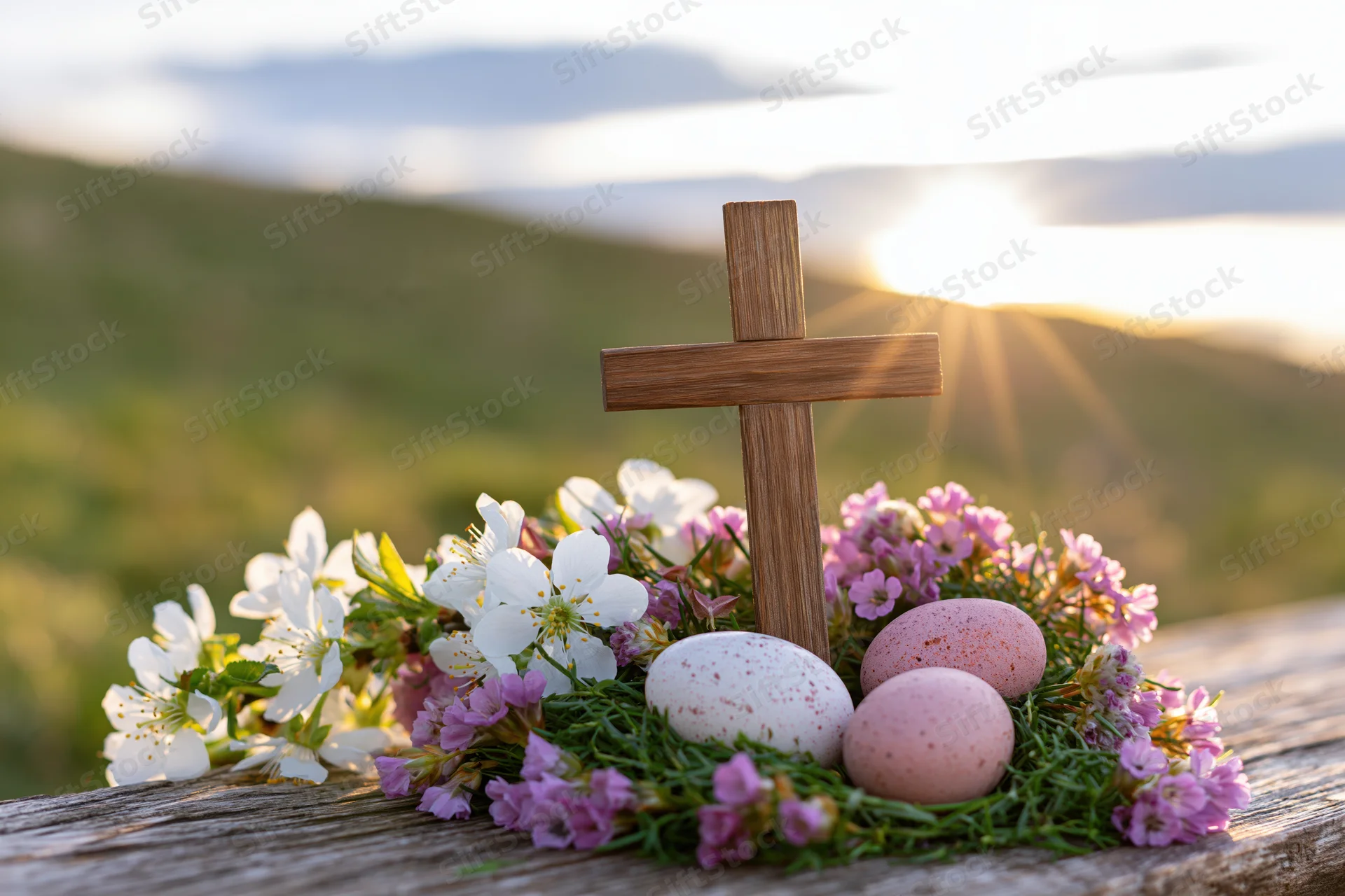 Wooden cross standing among spring flowers and easter eggs on a wooden surface at sunrise with mountains in the background