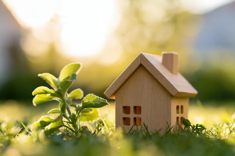 Small wooden house model sitting on green grass beside a young plant in sunlight