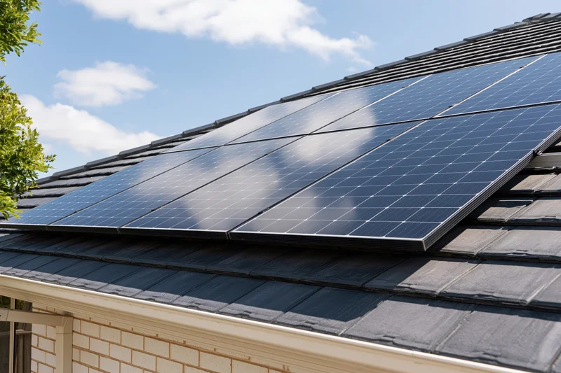 Solar panels mounted on a dark grey tiled residential rooftop under a partly cloudy sky