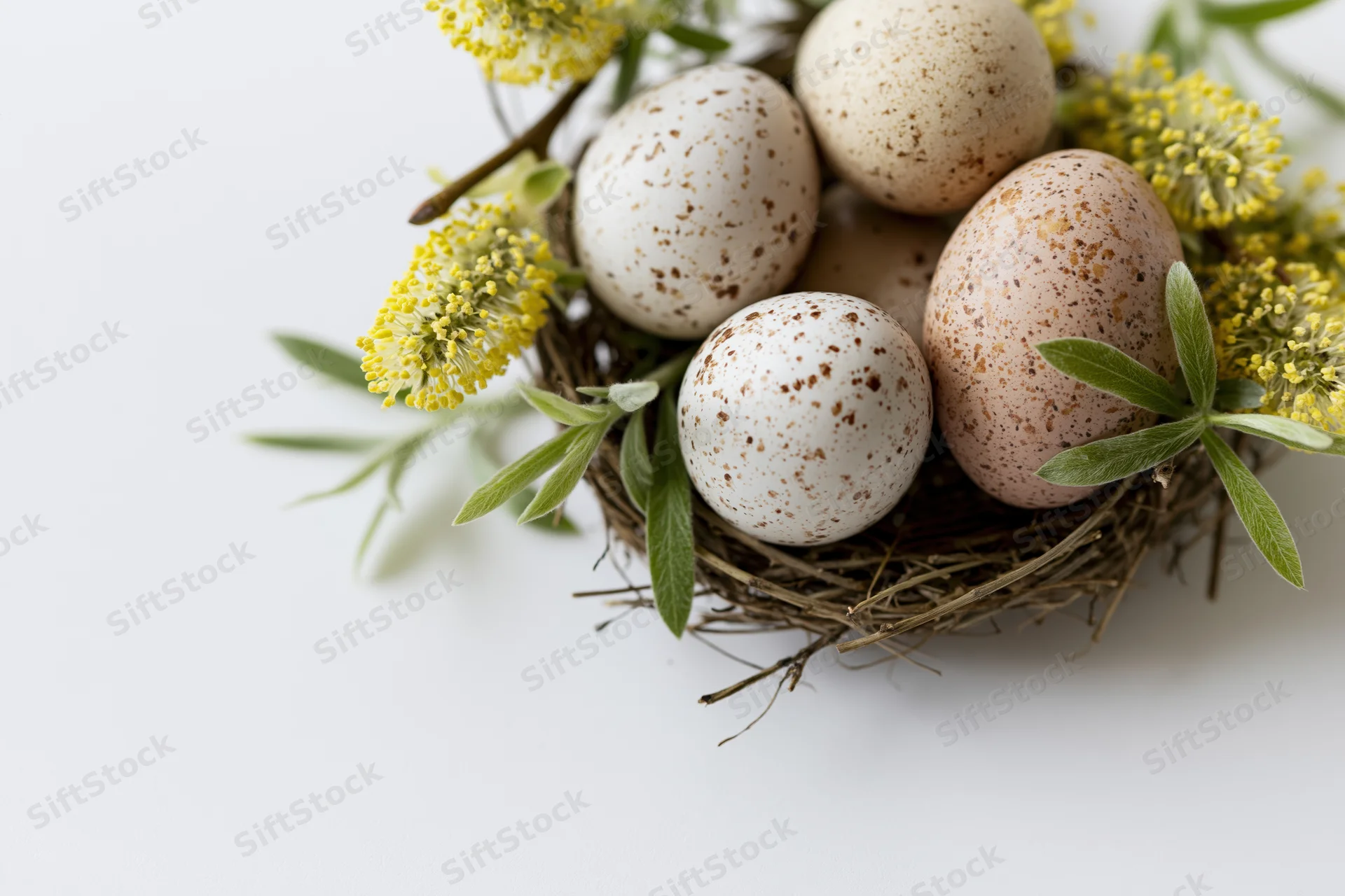 Speckled eggs nestled in a twig nest with yellow blossoms and green leaves on a white background
