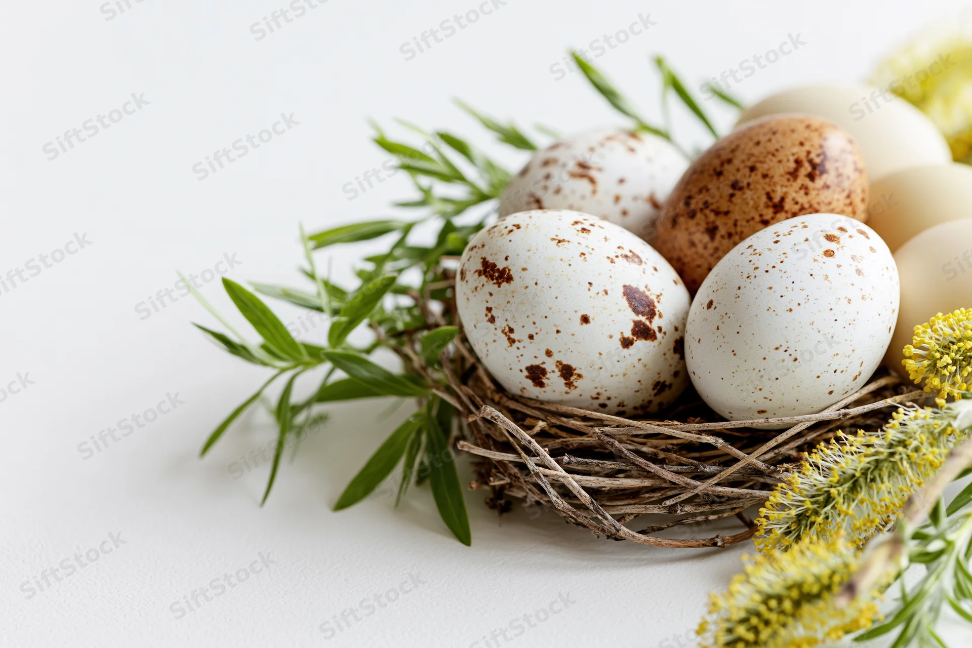 Speckled quail eggs in a twig nest with green foliage and yellow willow branches on white background