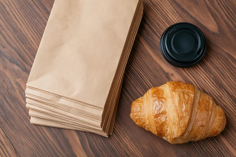 Stack of blank kraft paper bags fanned out on wooden table with croissant and coffee lid beside them