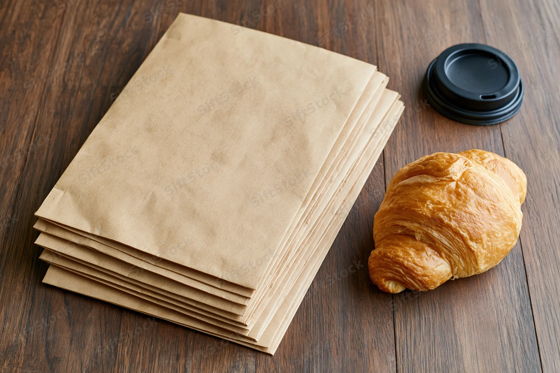 Stack of blank kraft paper bags fanned out on wooden table with croissant and coffee cup lid nearby