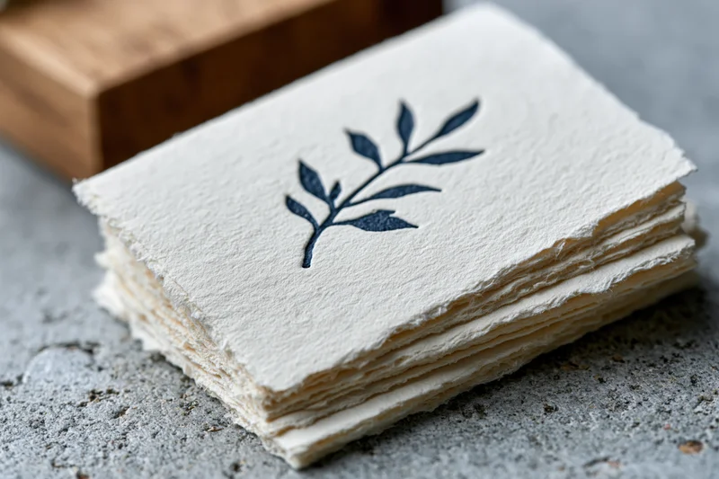 Stack of thick letterpress business cards with debossed blue leaf design on textured white paper, arranged on gray surface near wooden box