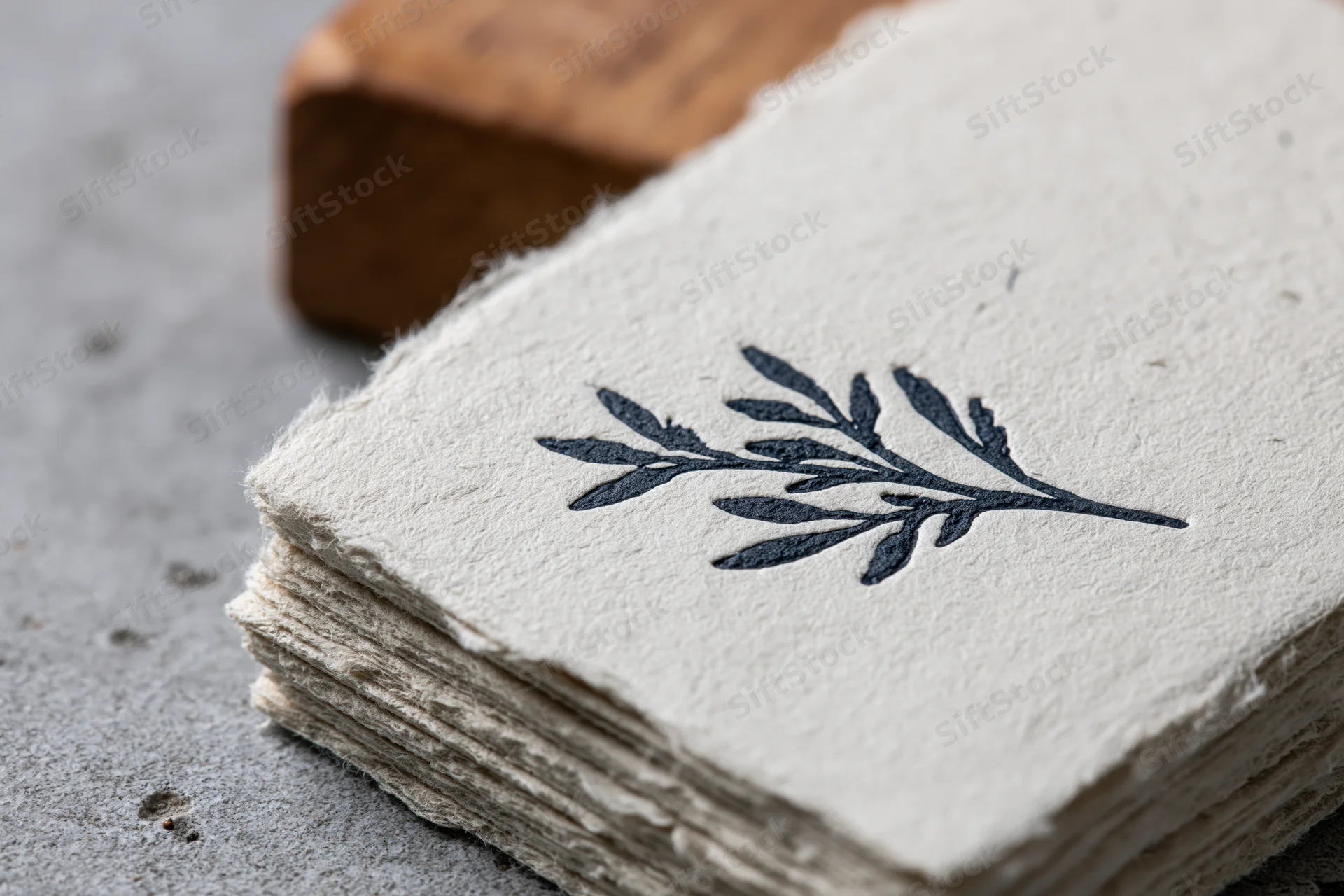 Stack of thick letterpress business cards with debossed botanical design on textured paper, resting on gray surface with wooden block nearby