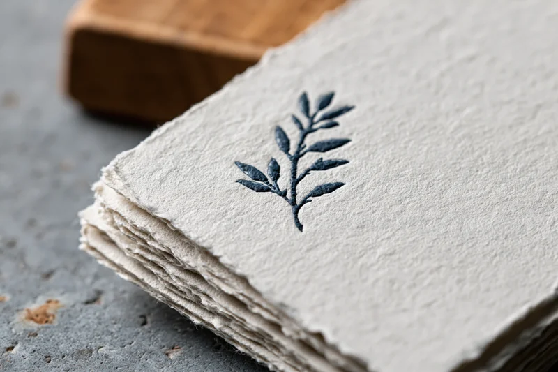 Stack of thick letterpress business cards with debossed botanical design on textured paper, arranged on gray surface with wooden block in background