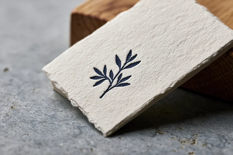 Stack of thick letterpress business cards with debossed dark blue olive branch logo resting on wooden block and stone surface