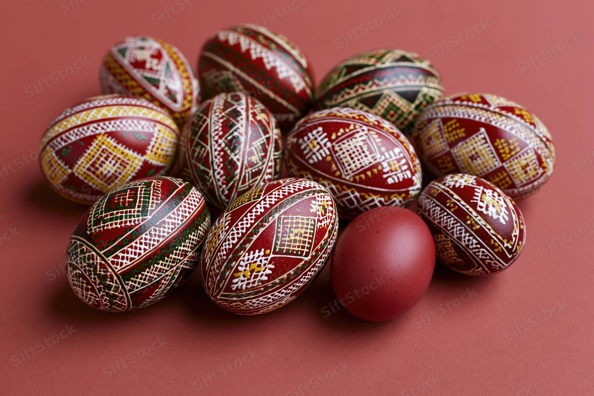 Traditional ukrainian pysanky easter eggs with intricate patterns arranged in a cluster on a red surface