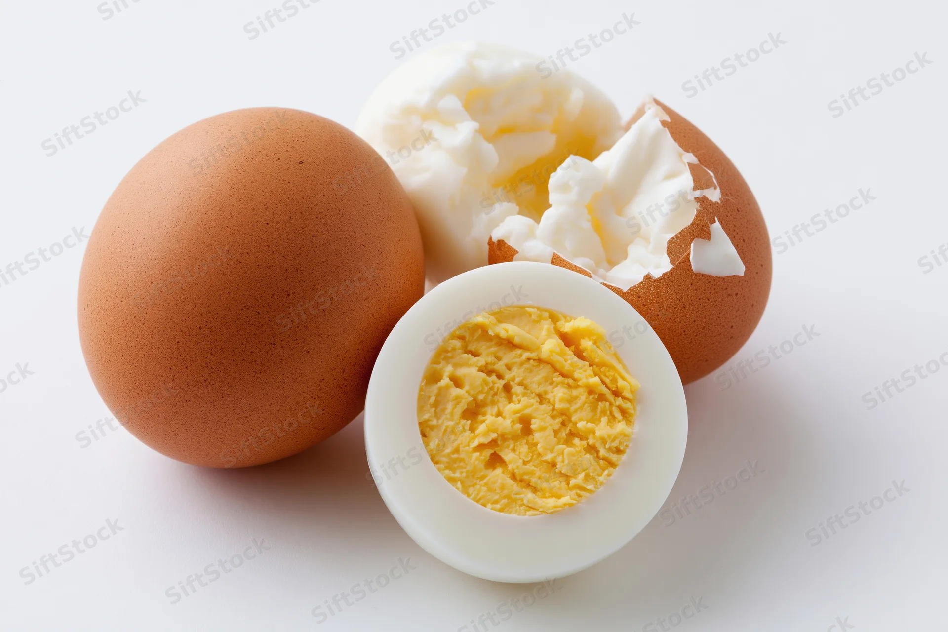 Three boiled eggs arranged on a white surface, one whole unpeeled, one halved showing yolk, one partially peeled