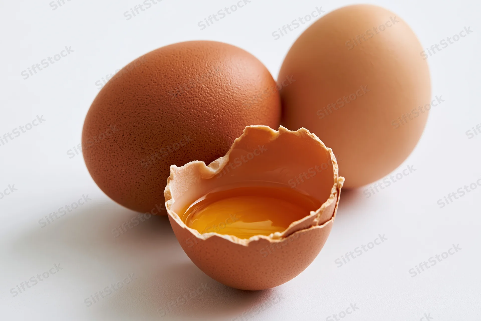 Three brown chicken eggs on white surface one cracked open showing yolk