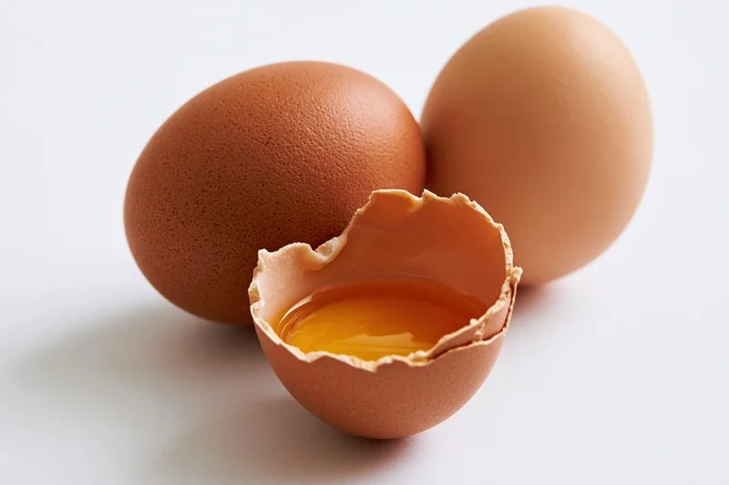 Three brown chicken eggs on white surface one cracked open showing yolk