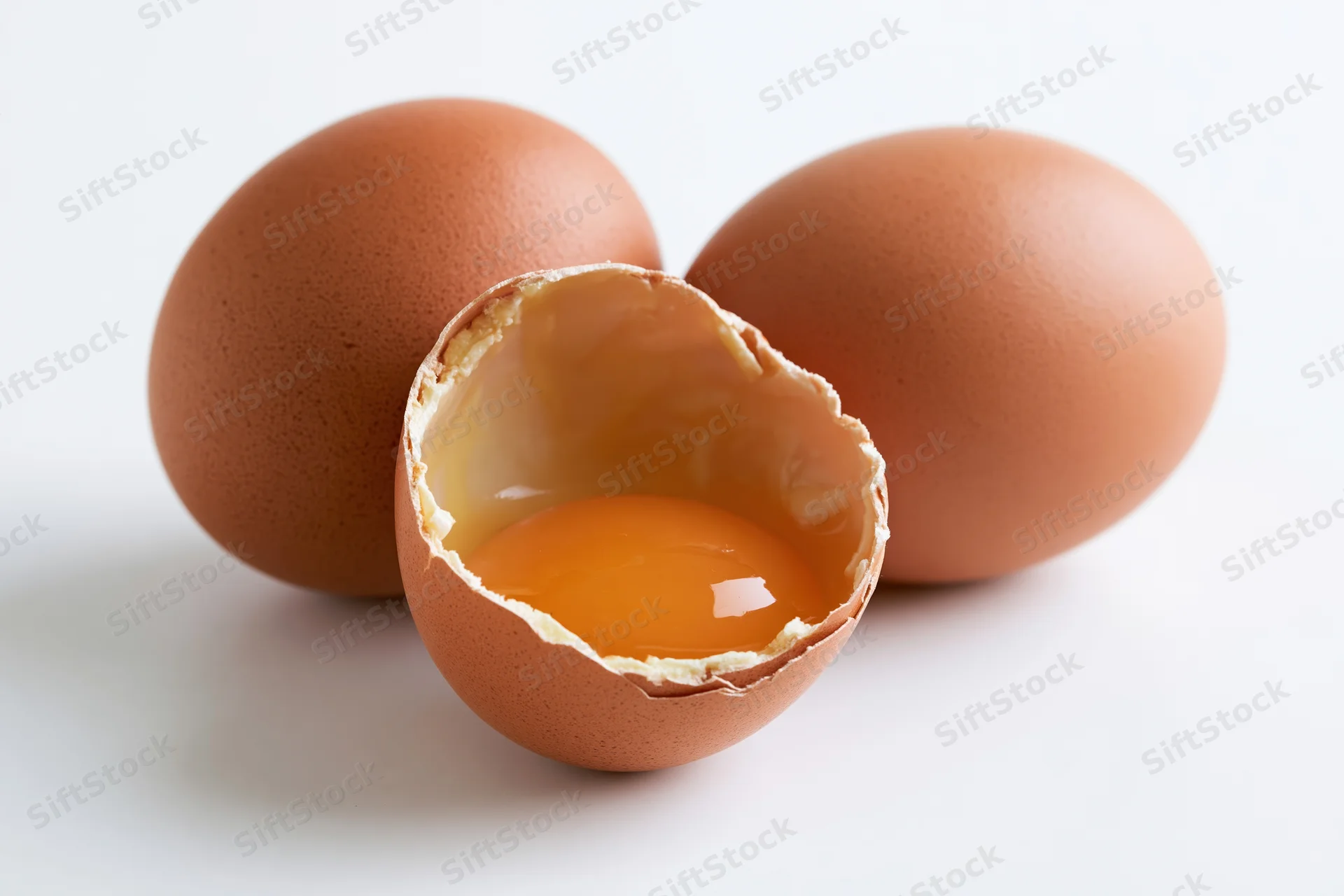 Three brown chicken eggs on white surface one cracked open showing yolk