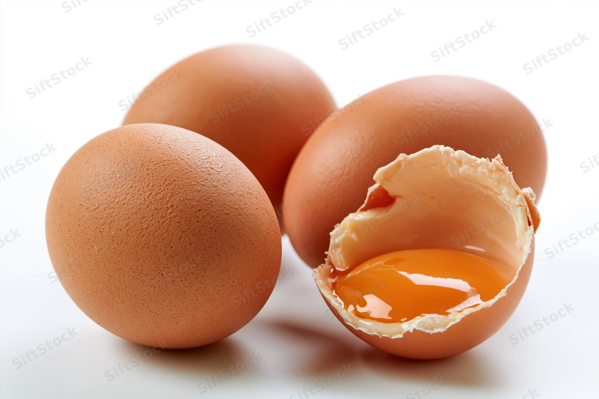 Three brown chicken eggs on white surface one cracked open showing yolk
