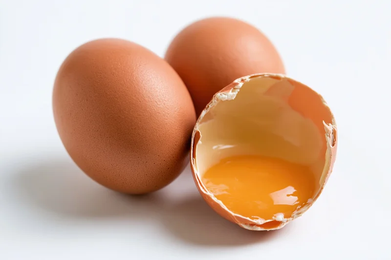 Three brown chicken eggs on white surface one cracked open showing yolk