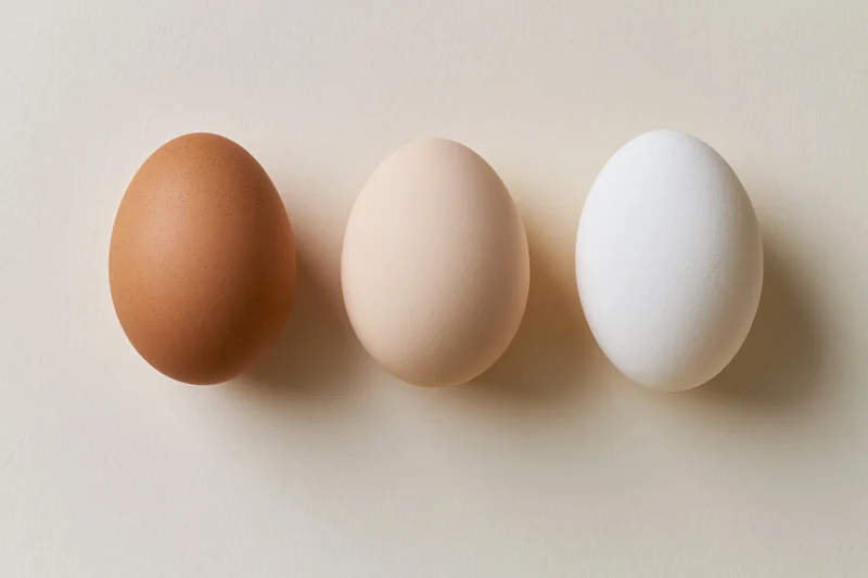 Three chicken eggs arranged in a horizontal row on a neutral surface