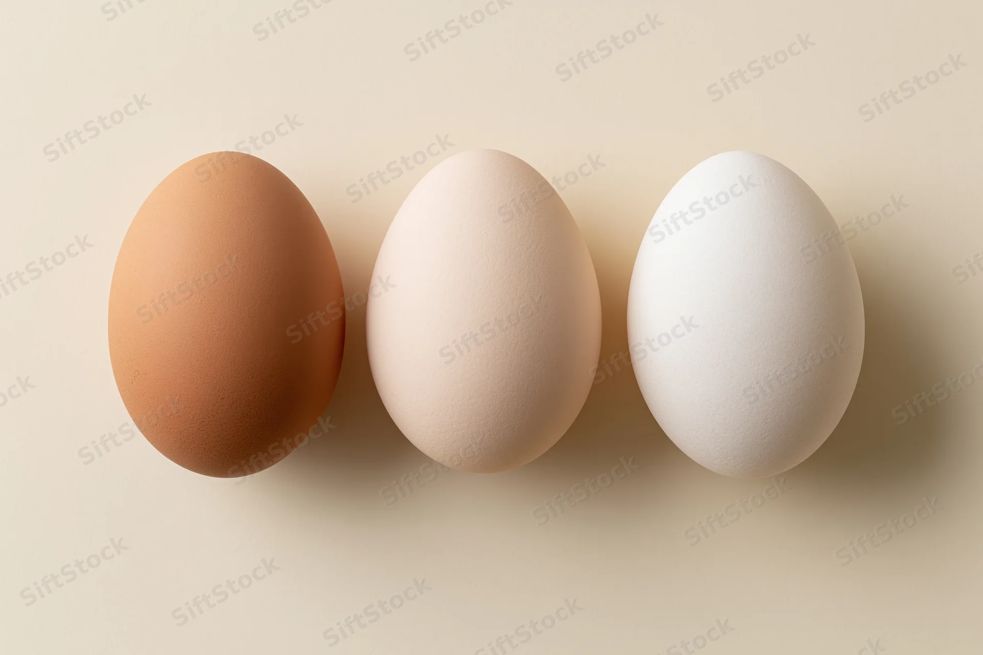 Three chicken eggs arranged in a horizontal row on a neutral background