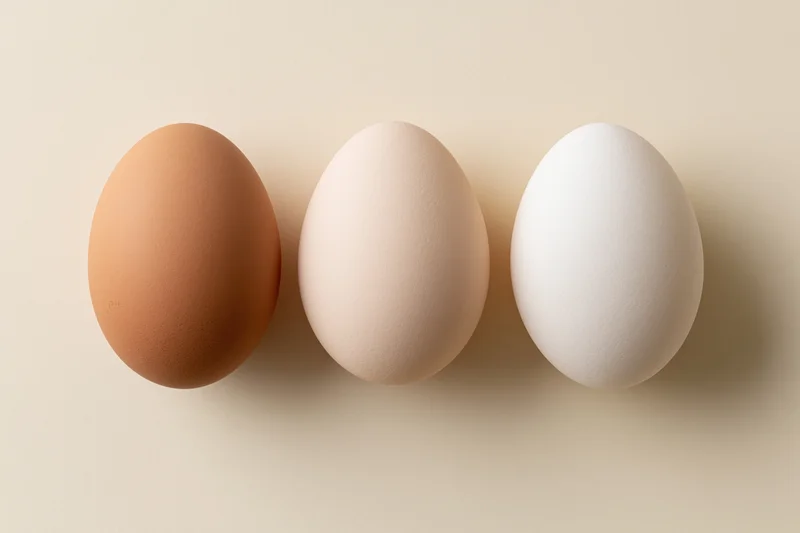 Three chicken eggs arranged in a horizontal row on a neutral background