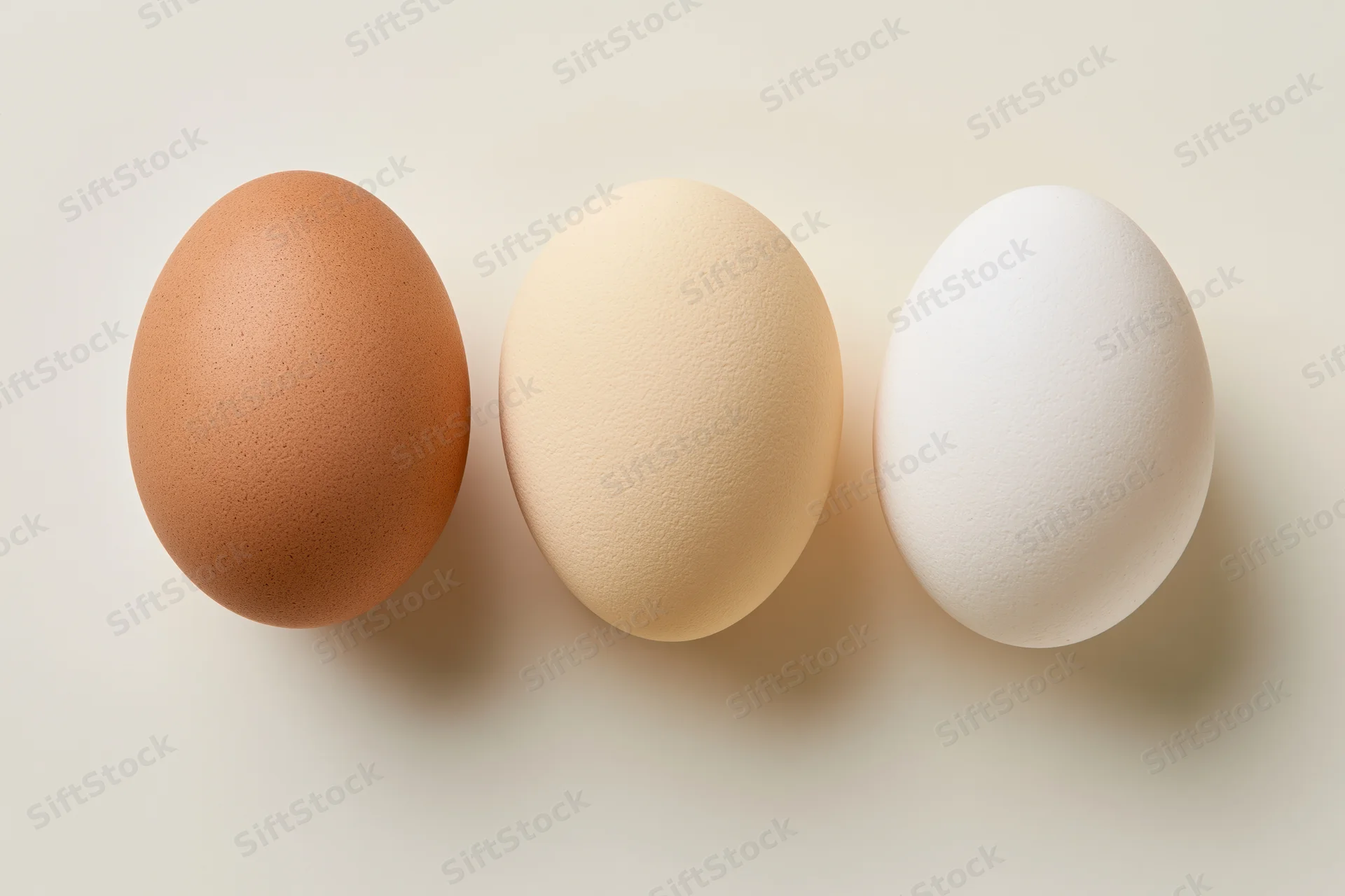 Three chicken eggs arranged horizontally in a row on a plain surface