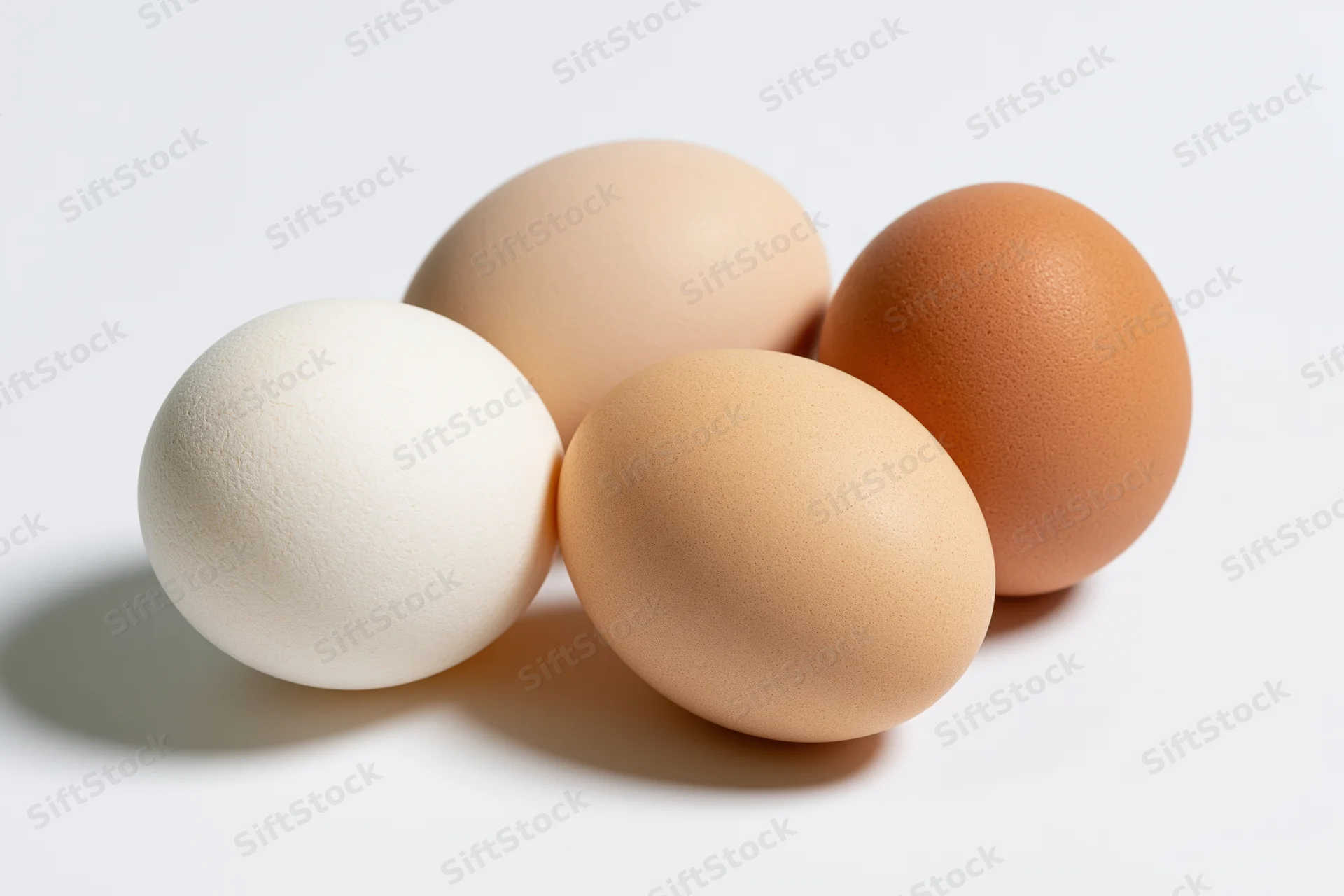 Four chicken eggs arranged loosely together on a white surface, varying in shell color from white to brown